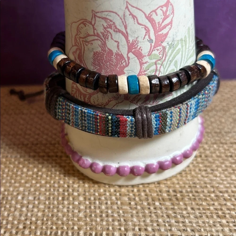 Wood Bead Bracelet and Braided Leather Bracelet with Colorful Design Bundle (F)